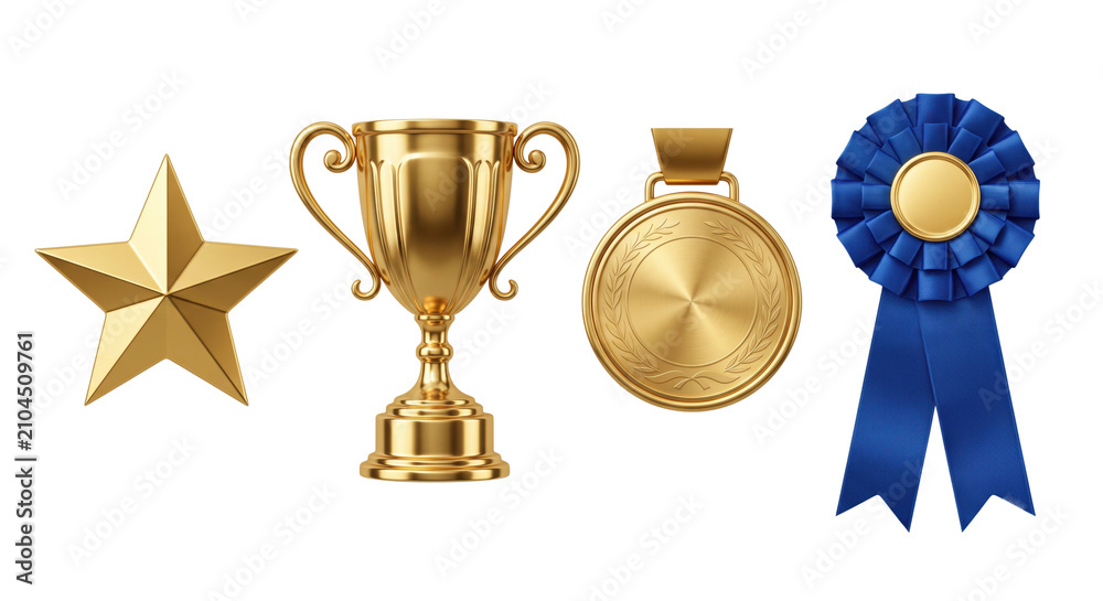 Fototapeta premium Gold award star trophy cup medal and blue ribbon