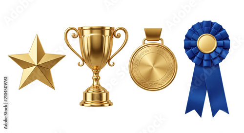 Gold award star trophy cup medal and blue ribbon