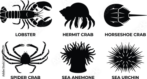 Konstfotografi Marine Life Vector Silhouette Pack Featuring Lobster Hermit Crab Horseshoe Crab