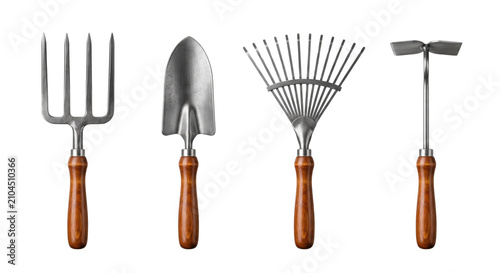 Fotografía Wooden handle garden tools set pitchfork trowel rake