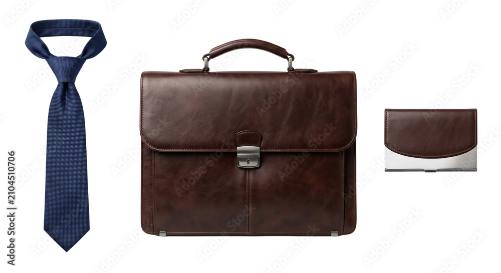 Naklejka premium Mens business accessories set with tie leather briefcase and wallet