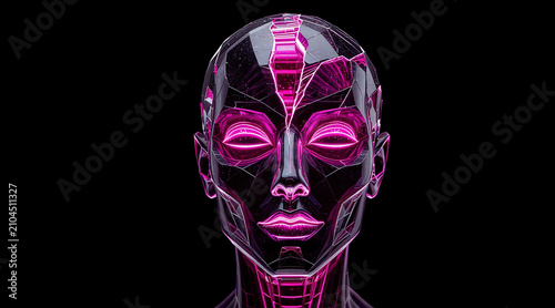 Futuristic abstract head with neon pink face on black background