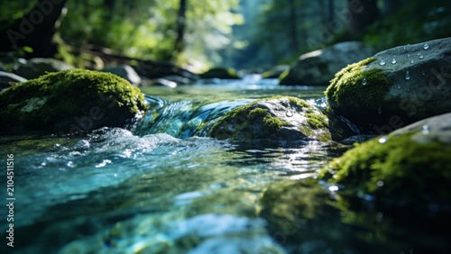 Crystal Clear Mountain Stream Flowing Through Moss Covered Rocks