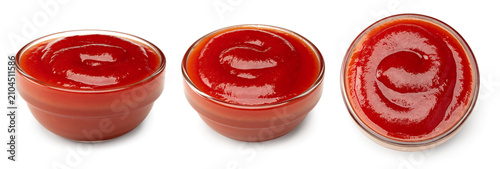 glass bowl of red ketchup isolated on white background. clipping path
