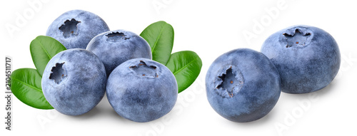 blueberries with green leaf isolated on white background. macro. clipping path