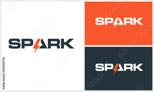 Spark typography word mark logo design with flash thunder bolt storm