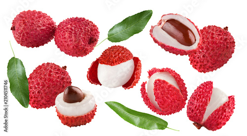 two fresh lychee isolated on white background. macro. clipping path