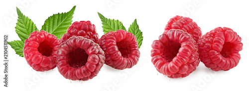 ripe raspberries with green leaves isolated on white background. clipping path