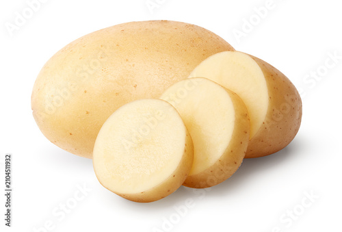 sliced raw potato isolated on white background. clipping path