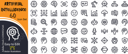 Artificial intelligence and digital brain technology icon set thin line vector with artificial intelligence technology learning robotics cognitive processing innovation analysis