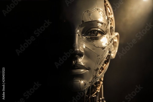 A pristine metallic cyborg face partially emerging from shadows, illuminated by a single warm spotlight, sophisticated artificial intelligence concept, photorealistic.