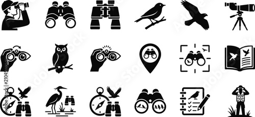 Bird watching binoculars icon set with professional birding silhouettes vector
