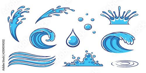 Set of blue water splashes waves and liquid drops cartoon vector illustration