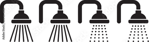 Toilet and shower bathroom icon set featuring restroom hygiene symbols, sanitary washroom signs, bath facilities, toilet pictograms, shower icons, bathroom amenities and editable vector illustrations.