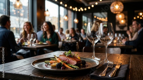 Sophisticated restaurant table setting with a gourmet meal and empty wine glasses amidst people dining.