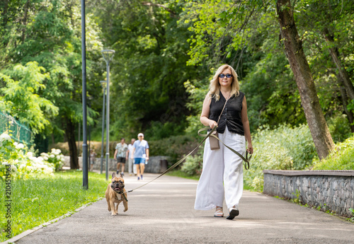 Woman walking happy French bulldog on leash in green park pathway on sunny summer day
