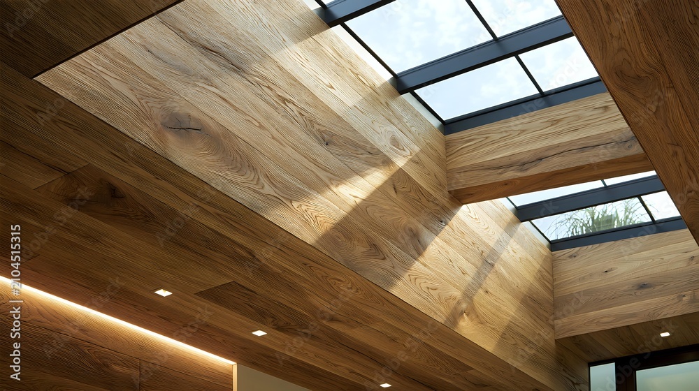 Obraz premium Hand brushed oak panel revealing subtle tactile grain enhanced by matte natural oil finish beneath architectural skylight premium interior material background
