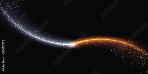 Bild auf Leinwand Abstract black background with gold and silver glowing light streaks colliding with sparkle stars particles