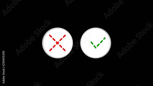 Check mark and cross icon ideal for concept approval or rejection green and red color 4k illustration. Black background 4k illustration