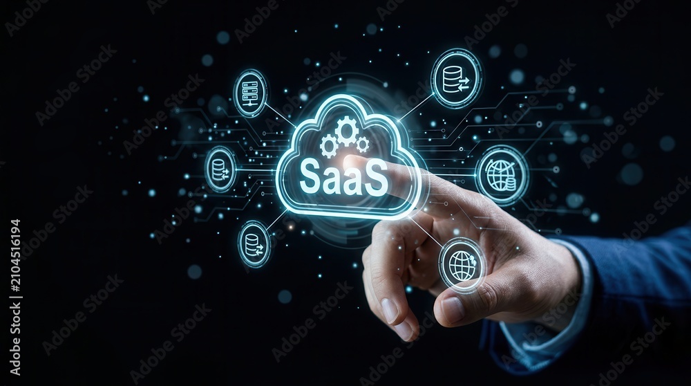 Fototapeta premium SaaS deployment and integration model visualized through a glowing cloud icon and digital interface.