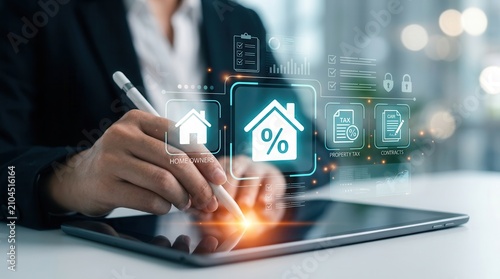 Real estate investment concepts including mortgage rates, property tax, and contracts on a tablet.