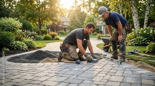 Professional men working as a team to design and construct a large home landscape with paving stone bricks.