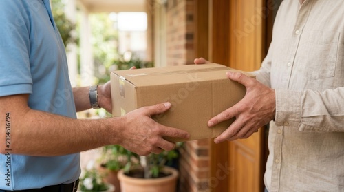 A courier delivering customer goods in transit services as the recipient receives a parcel.