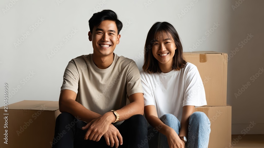 Obraz premium A smiling Asian couple enjoys a joyful relocation moment amid stacked moving boxes. Bright daylight fills their modern, empty apartment with warmth and optimism.