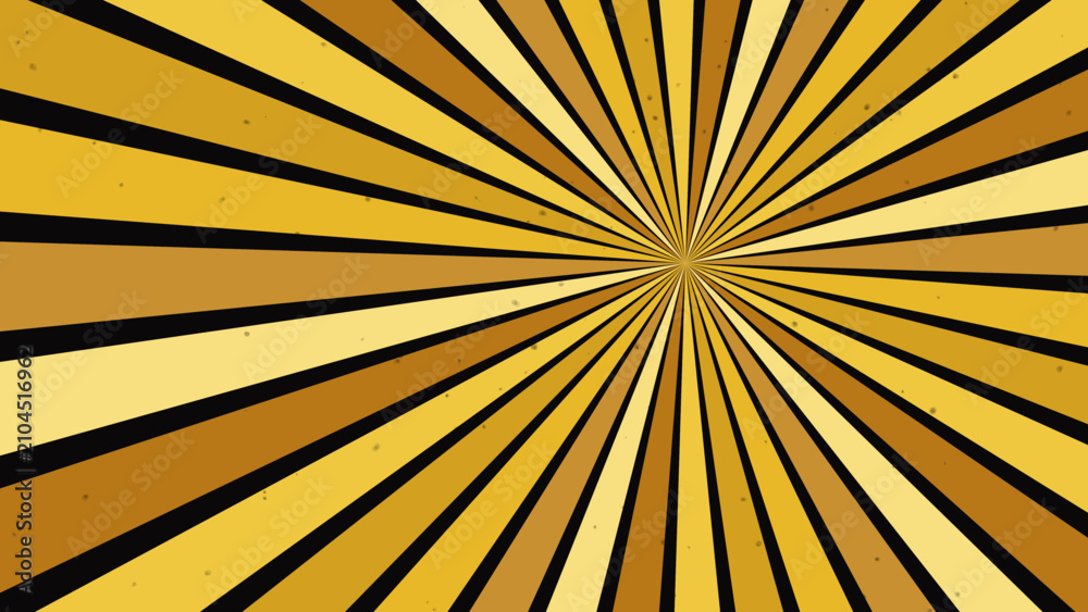 Obraz premium Vintage sunburst background with gold rays, retro comic book radial burst pattern, distressed yellow and black starburst vector illustration