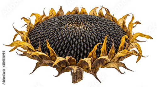 Massive mature sunflower head completely filled with perfectly arranged dark seeds surrounded by withered yellow petals