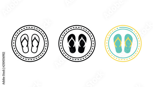 Fotografía Flip flop beach sandal icon set within circular frames in outline solid and brig