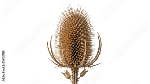 Highly detailed macro shot of a dried teasel seed head showcasing its intricate prickly geometric structure and stiff protective bracts