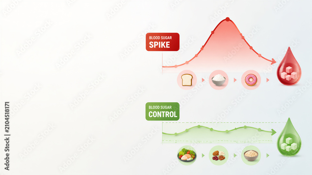 Fototapeta premium Blood sugar spike and control diagrams with food icons