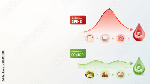 Blood sugar spike and control diagrams with food icons