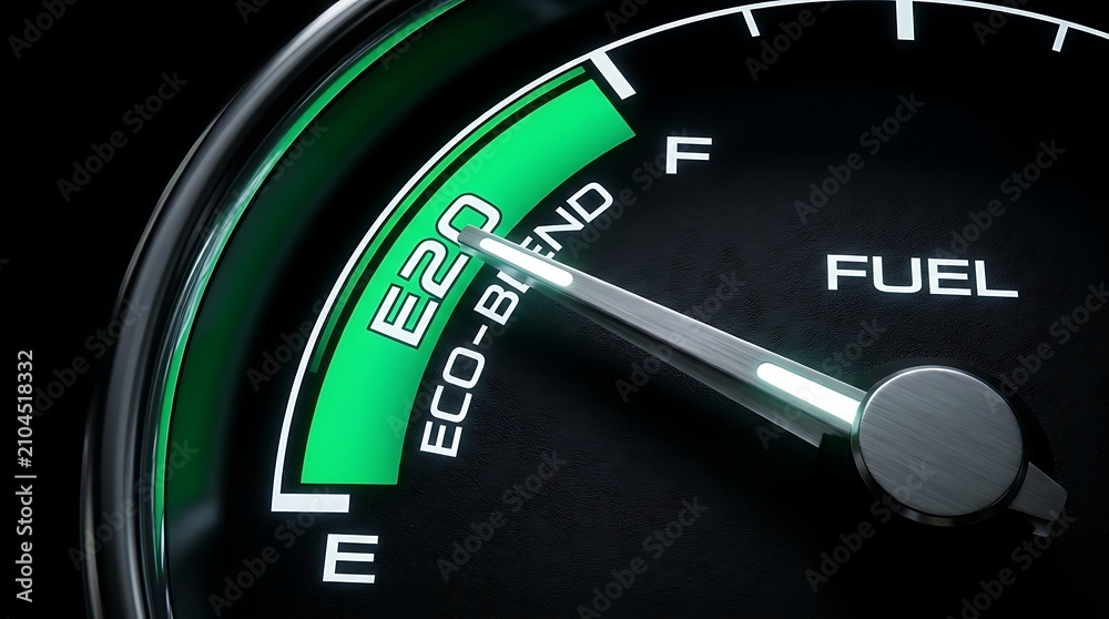 Naklejka premium Car fuel gauge indicating full tank of eco-friendly E20 fuel ready for energy transition