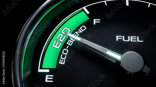 Car fuel gauge indicating full tank of eco-friendly E20 fuel ready for energy transition