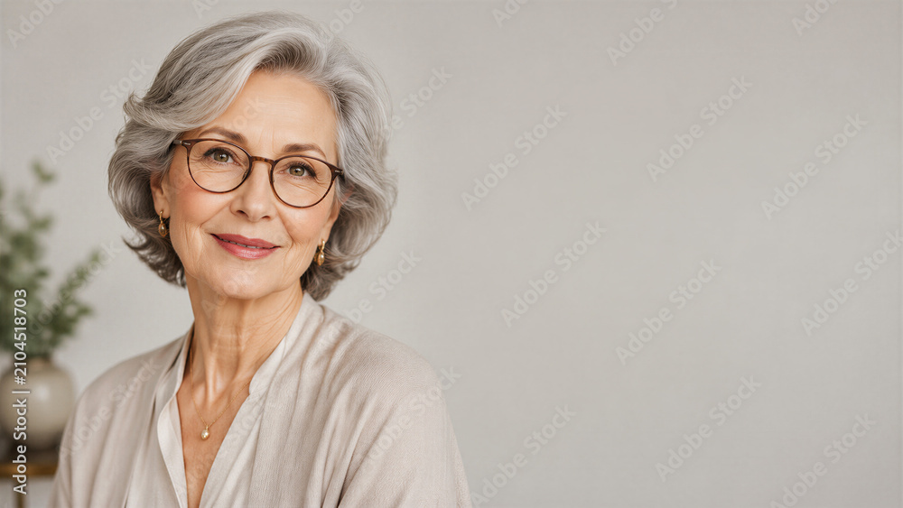 Fototapeta premium Senior woman smiling in neutral indoor portrait setting