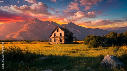 Colorful Sunrise over Abandoned Vintage House in Meadow with Mountains