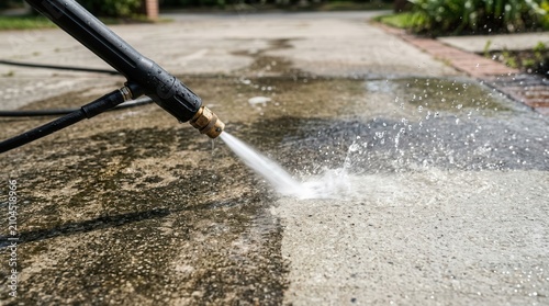 Pressure washer nozzle spraying water to remove dirt and grime from a concrete surface.