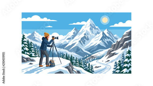 Winter landscape photographer with camera on tripod, snowy mountain peaks and pine forest scenery, outdoor adventure travel vector illustration