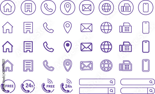 Purple Contact Icon Set with Phone Mail Location and Communication Symbols