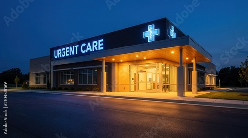 Welcoming entrance of an urgent care clinic featuring a bright blue medical sign.