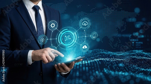 A professional managing cloud platforms and API integration through a mobile device in a coding environment.