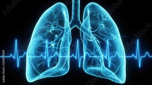 Cardiopulmonary interaction concept featuring a glowing lung diagram and electrocardiogram heartbeat line.