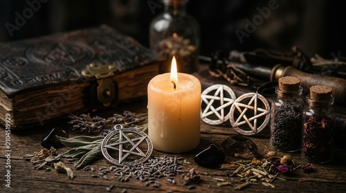 Atmospheric occult scene with a glowing candle, silver pentagram, and ritual tools on a mystical altar.