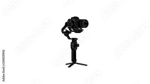 Professional camera gimbal stabilizer vector silhouette, digital mirrorless camera on handheld 3-axis gimbal, cinematography gear icon for video production