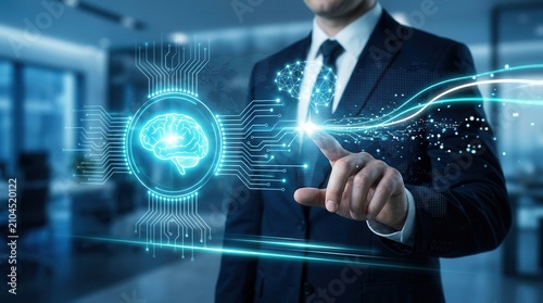 A professional businessman using neural networks and deep learning technology for data mining.