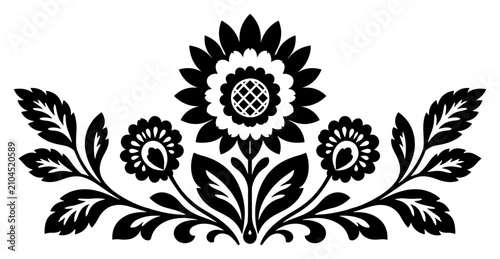 Foto Sunflower folk pattern with decorative leaves and symmetrical floral blooms in t