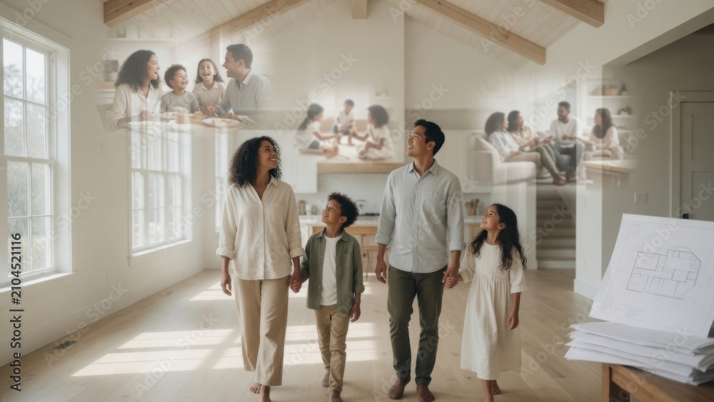 Fototapeta premium Family Dreaming of New Home with Blueprint and Memories