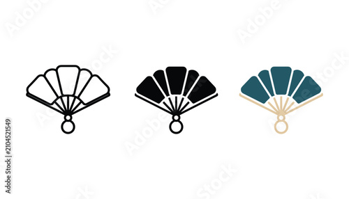 Elegant hand folding fan icon set in outline solid and dark blue flat styles for traditional culture fashion accessories summer cooling and oriental aesthetic design projects isolated
